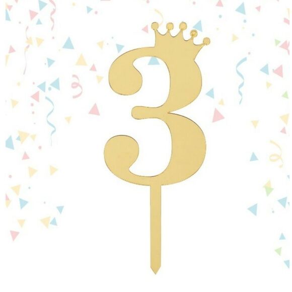 CAKE Topper # 3 Golden Mirror Reflecting Chic NWT Number Three - Picture 1 of 3